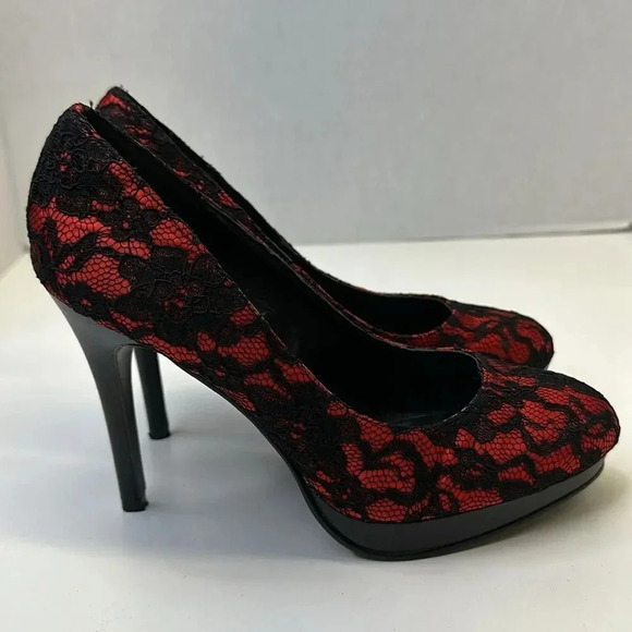 Pleaser Bliss-30-2 Platform Pump High Heel Shoes Lace Black Red Women's Size 7 - Picture 4 of 10